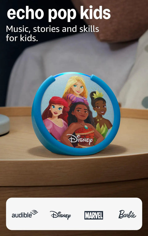 Echo Pop Kids Smart Speaker With Alexa Plus Showcasing Fresh Disney Princess Vibes displayed on a bedside table.