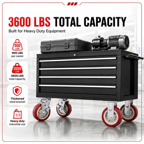 Heavy Duty Caster Wheels Set Of Four With Six Inch Pvc Treads Smooth Rollout Action Rock Solid Frame on toolbox, 3600 lbs capacity.
