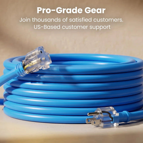 Rock Solid 100 Foot 14 Gauge Extension Cord 14/3 SJEOW Heavy Duty Outdoor Power Cable Weather Resistant grounded blue coiled cord.