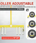 Straight Up Heavy Duty Rolling Tire Dolly Wheel Hauler Cart With Adjustable Three Step Lift For Solid Tire Lock And Easy Car Truck Swap Smooth Maneuvering Garage Must Have, showing adjustable roller with tires.