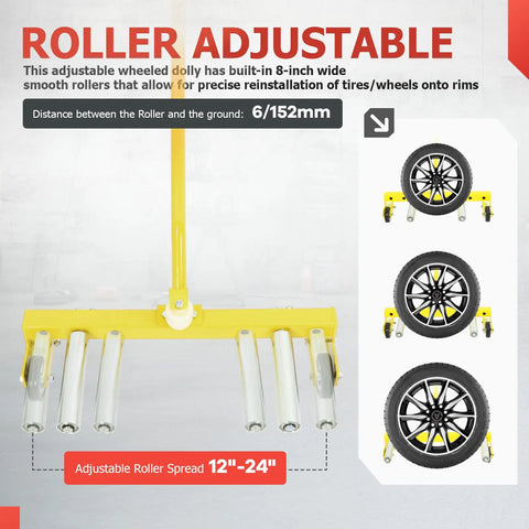 Straight Up Heavy Duty Rolling Tire Dolly Wheel Hauler Cart With Adjustable Three Step Lift For Solid Tire Lock And Easy Car Truck Swap Smooth Maneuvering Garage Must Have, showing adjustable roller with tires.