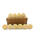 Slick Handmade Ceramic Pull Knobs, Set Of Twenty Bright Yellow Drawer Handles For Furniture And Cabinetry, assorted floral and geometric designs.