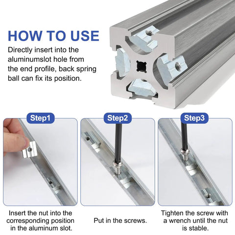 How to use Hardcore M10 Sliding T Nuts with steps showing insertion into 10 mm aluminum profiles for secure mounting.