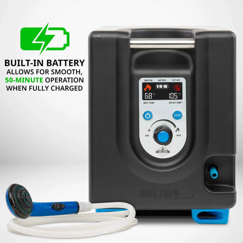 Front view of Portable Propane Water Heater And Shower Pump With Built In Battery Compact Outdoor Cleaning System with LCD display