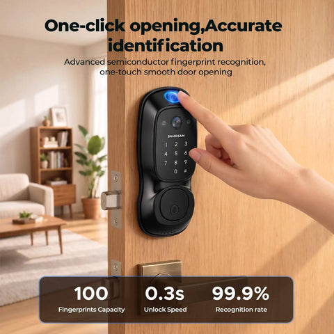 Video Smart Lock With Camera And Three In One Smart Deadbolt For Front Doors on wooden door with finger tap for access.