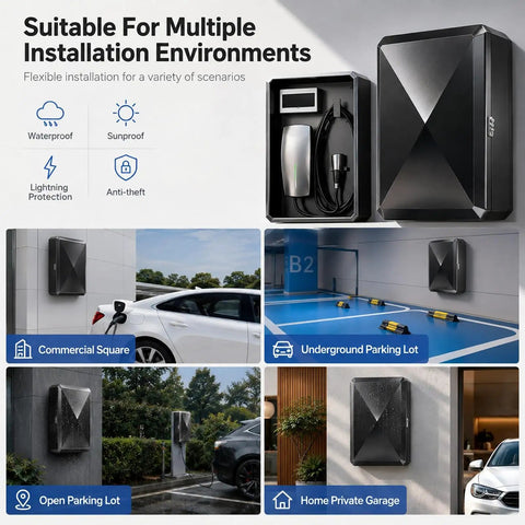 Heavy Duty Steel EV Charger Enclosure With Lockable Faceted Door Weather Resistant Outdoor Charging Station Cover in multiple environments.