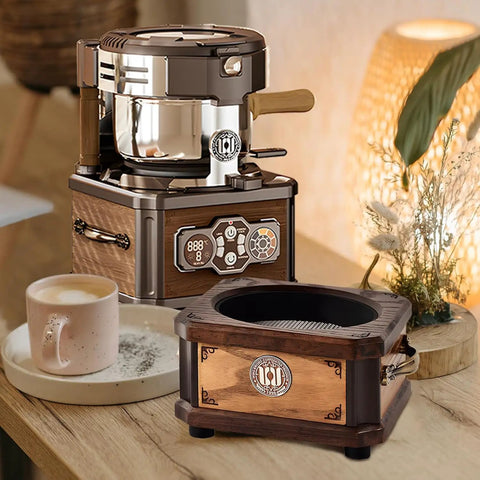 Home And Cafe Coffee Bean Roaster With Eight Heat Settings Dead Quiet Operation Precise Temperature Control Automatic Chaff Removal And Built In Triple Layer Safety Lock For Smooth Daily Brews on a wooden table next to a coffee cup.