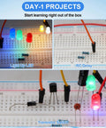 Heavy Duty 1530 Piece Electronics Component Kit Featuring Breadboard Resistors Capacitors LED Bulbs And Dupont Cables For Weekend Warriors And Makers with LED projects.