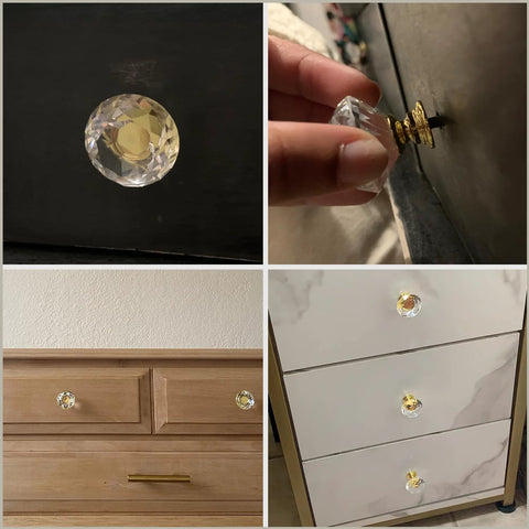 8 Pack Crystal Glass Cabinet Knobs With Gold Base Diamond Style Drawer Pulls on various cabinets and drawers