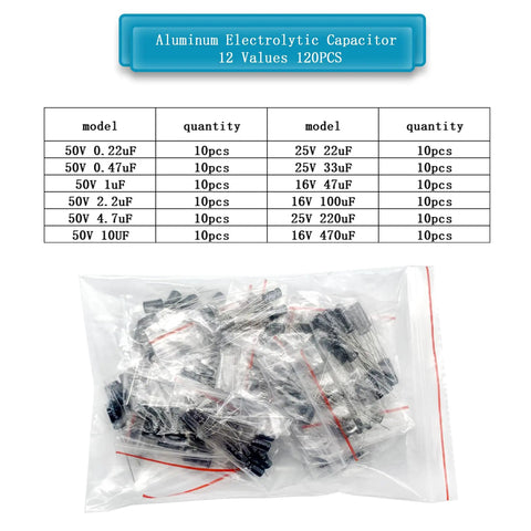 Badass Electronic Component Kit 1615 Pcs Aluminum Electrolytic Capacitor set, 12 values, 120 pieces, compact bagged components.