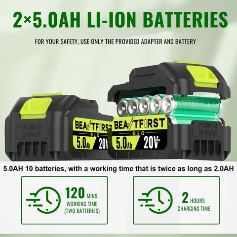 Close-up of 2x5.0Ah batteries for 20V Cordless Hedge Trimmer With 2X5.0Ah Batteries And Charger, indicating power specs and working time.