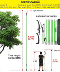 Extendable 27 Feet Tree Pole Pruner With Adjustable Height Manual Branch Trimmer and Loppers next to tree and package contents