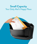 Hand placing mail in Black Wall Mount Mailbox Crafted From Die Cast Aluminum With Powder Coat For Durable Sturdy Build Corrosion Resistant Stainless Steel Hinge Pins Roof Lifts For Easy Mail Retrieval Four Pre Drilled Holes For Fast Secure Weatherproof Installation