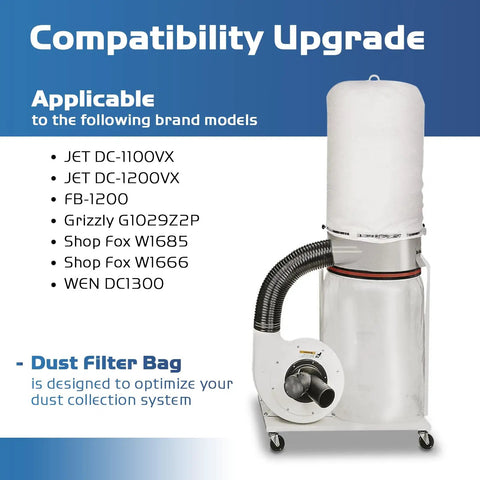 Tough As Nails Dust Collector Bag Kit with 21x31 inch 1 micron upper bag shown on dust collection system with compatibility info