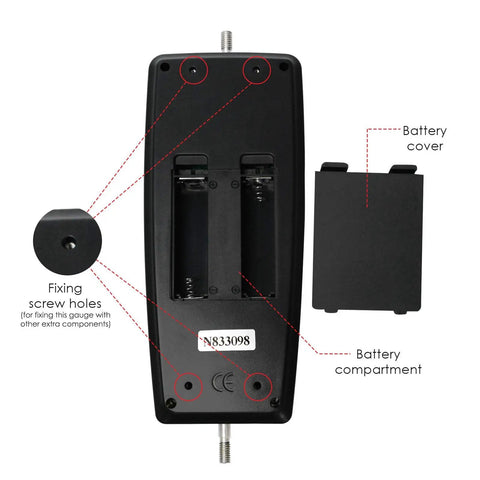 Dead On Digital Force Gauge Push Pull Meter With Data Memory 50KgF 490N 110LbF battery compartment and fixing screw holes view.