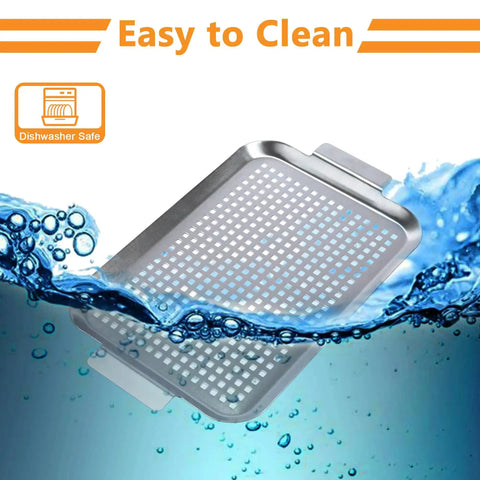 Grill Pan Set Of 2 Stainless Steel Perforated Grilling Baskets With Handles For Outdoor BBQ floating in water with easy to clean text.