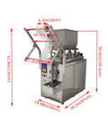Automatic Quantitative Filling And Sealing Machine Packs 10 To 100 Ml With Slick Horizontal Mixing Hopper and Plug And Play Commercial Stainless Steel Build display with dimensions.