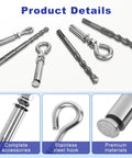 Heavy Duty Expansion Eye Bolts Four Pack With Drill Bit For Concrete Walls Built Tough As Nails Pro Grade Masonry Anchors showing 304 steel components and drill.