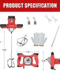 Beast 2100W Electric Cement Mixer With 6 Speed Settings, shown with specifications and accessories, including gloves and wrenches.