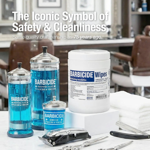 Barbicide disinfecting wipes and solutions in a salon setting with tools, showcasing Disinfecting Wipes 2 Pack 320 Count, 2-Minute Hospital-Grade Kill Time, EPA-Registered Surface Wipes, Bactericidal Virucidal Tuberculocidal Formula, Fast-Acting, Go-To Cleaning Power For Homes Salons And Offices.