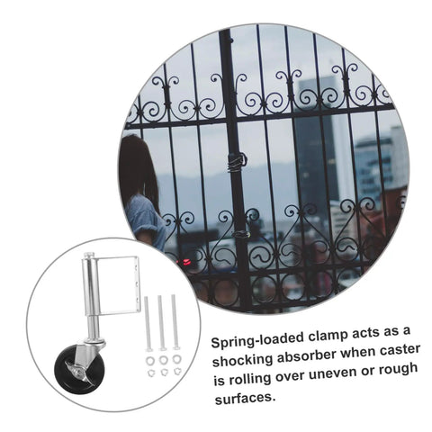Heavy Duty Spring Loaded Gate Caster Wheel With Adjustable Tension For Smooth Rolling On Uneven Ground installed on a fence.