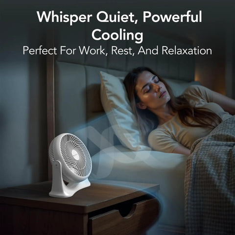 11 Inch Desk Fan With Three Speed Settings Dead Quiet Personal Air Circulator Bringing No Fuss Ninety Degree Tilt Adjustable Handle And Cool Breeze For Bedroom Office Or Sleeping Area White on nightstand with woman resting.