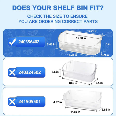 Image comparing dimensions of refrigerator door bin replacement parts for compatibility check.