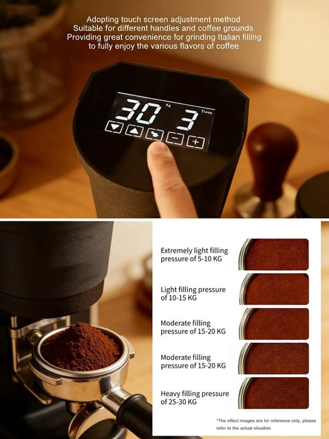 Touch screen display showing 30kg pressure setting on Electric Espresso Tamper Featuring Automatic 58mm Portafilter With Adjustable 5 To 30kg Pressure Settings That Creates Hit Different Pulls Every Time For Top Shelf Home Barista Sessions.