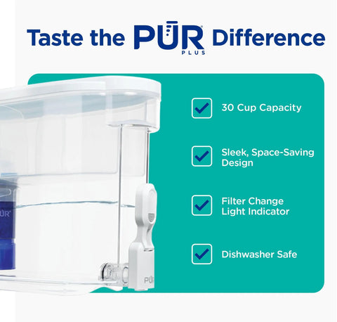 Product image highlighting the 30 cup capacity, sleek design, and dishwasher safe features of the Lead Reducing Water Filter Dispenser With WQA Certified Filter And 30 Cup Capacity, Dishwasher Safe, Slim Space Saving Design, Powerful Home Filtration That Cuts Microplastics And More Than 20 Chemicals.