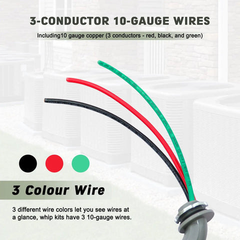 Power Whip Assembly Kit Half Inch By Six Foot Non Metallic Liquid Tight Flexible Electrical Conduit With Ten AWG Copper Wire Three Conductors Red Black Green THHN THWN UL Listed No Fuss Setup - close-up of 3-conductor wires