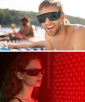 Premium Kickass Red Light Therapy Glasses, Solid Od Four Plus Eye Protection For Laser Hair Removal And Ipl Therapies, Heavy Duty Shield Blocking Uv, Blue, And Infrared Rays For Smooth Clinic Grinds worn by male at beach and female in therapy session.