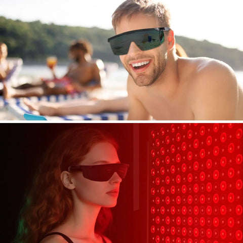 Premium Kickass Red Light Therapy Glasses, Solid Od Four Plus Eye Protection For Laser Hair Removal And Ipl Therapies, Heavy Duty Shield Blocking Uv, Blue, And Infrared Rays For Smooth Clinic Grinds worn by male at beach and female in therapy session.