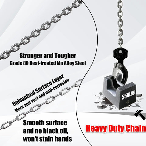 0.5 Ton Aluminum Hand Chain Hoist With 1100 Lbs Capacity, 10 Ft Lift Height, Dual Heavy Duty Hooks, Manual Chain Fall Hoist