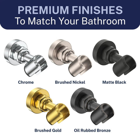 Five Solid Brass Handheld Shower Head Holder Wall Mounts in chrome, brushed nickel, matte black, brushed gold, oil rubbed bronze finishes