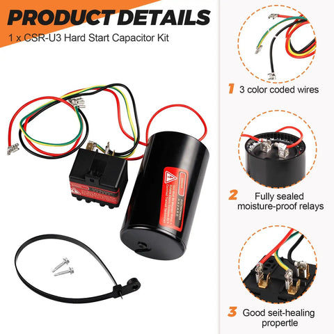 Beast Mode Hard Start Kit For 4 To 5 Ton AC Units includes capacitor, relay, and three color-coded wires for easy installation.