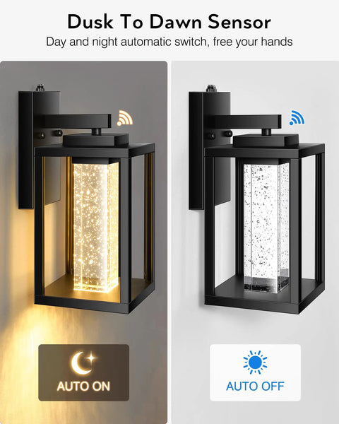 Premium Black Exterior Wall Mount Light Featuring Dusk To Dawn Sensor And Built In Led For Garage And Patio Auto Night Mode illuminated in on/off mode.