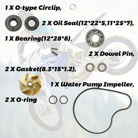 Water Pump Fix Kit for Yamaha Wr250f Yz250f 2001-2013, includes oil seals, bearing, gaskets, and impeller for dirt bike repair.