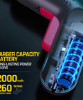 Beast Cordless Screwdriver Kit With 14 Bits, Digital Screen showing 2000mAh Li-ion battery inside with text 'Larger Capacity Battery'