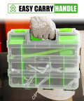 Person holding Double Sided 34 Compartments Tool Organizer Box With Clear Lid Removable Dividers For Hardware Screws Bolts Nails