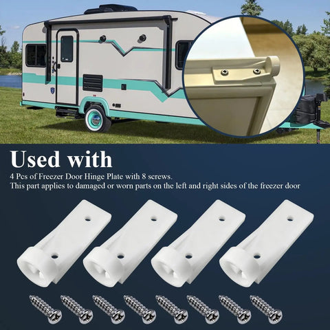 Freezer Door Hinge Plate Replacement Set For Dometic 2002244008 And Instamatic 330019 Fits Dometic Electrolux And Other RV Camper Trailers 2-Way And 3-Way Refrigerators 4 Pieces Non OEM Replacement Parts, shown with screws on a table with an RV in background
