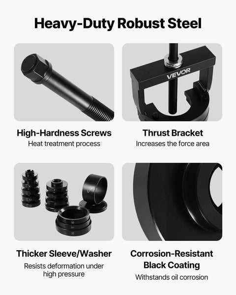 Heavy-duty steel components of Master Wheel Hub And Bearing Remover And Installer Kit showcasing screws, thrust bracket, sleeves, washers