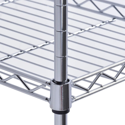 Close-up of Badass Heavy Duty Steel Adjustable Wire Shelving Rack With Three Slick Chrome Shelves, showcasing chrome connections and grid structure.
