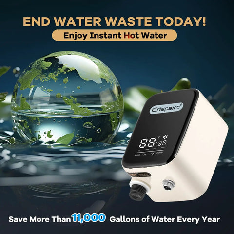Digital Smart Instant Hot Water Recirculating Pump Kit With Snappy Touch Screen For Under Sink Install showing digital display and water.