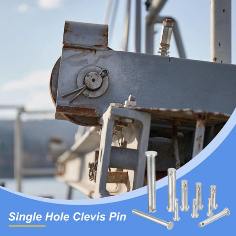Top Shelf 304 Stainless Steel Flat Head Single Hole Clevis Hitch Pins Six Pack displayed with a trailer latch mechanism.