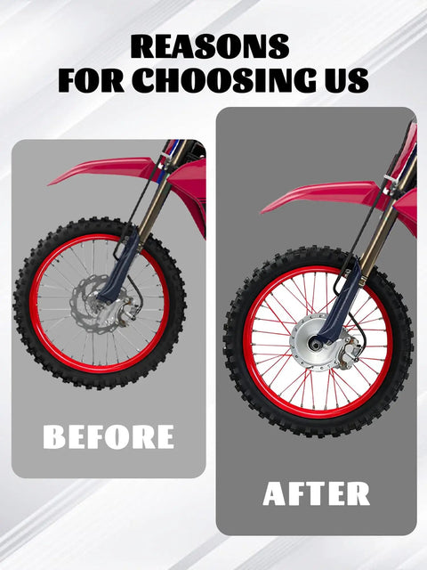 "Before and after using Universal 72 Piece Spoke Covers Set For 8 To 21 Inch Rims Wheel Skins Wraps For Ebikes Dirt Bikes Pit"