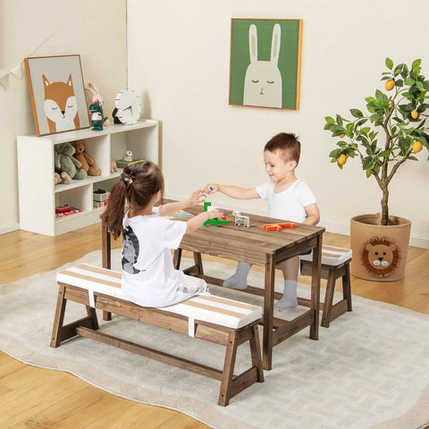 Children playing at Outdoor Kids Picnic Table Set with Cushioned Benches and Umbrella, Wooden Table in Coffee Finish, Stripe Cushions.