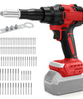 Heavy Duty Cordless Rivet Gun With Brushless Motor And Serious Torque Handles Stubborn Fasteners No Sweat Keeps Auto Repair Tight And Efficient Runs Smooth With Milwaukee 18V Batteries Snappy Tool Only with various steel rivets and wrench.