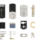 Top Notch Keyless Entry Smart Lock Deadbolt With Z Wave Integration illuminated keypad, batteries, screws, and installation parts.