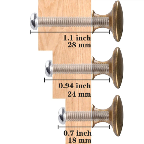 Brass Round Cabinet Knobs Set Antique Finish 20 Pack With Screws Kitchen, three screw sizes on wood display