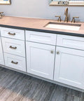 Modern bathroom vanity with white cabinetry, gold hardware fixtures, and a neutral countertop featuring Six Piece Vintage Floral Ceramic Pull Knobs Freakin Gorgeous Red Tulip Drawer Handles Hella Durable Rustic Farmhouse Cabinet Hardware Big Time Kitchen Cupboard Decor Upgrade.
